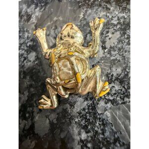 Vintage Frog-Shaped Metal Brooch With Yellow Accents & Pearl-Like Center